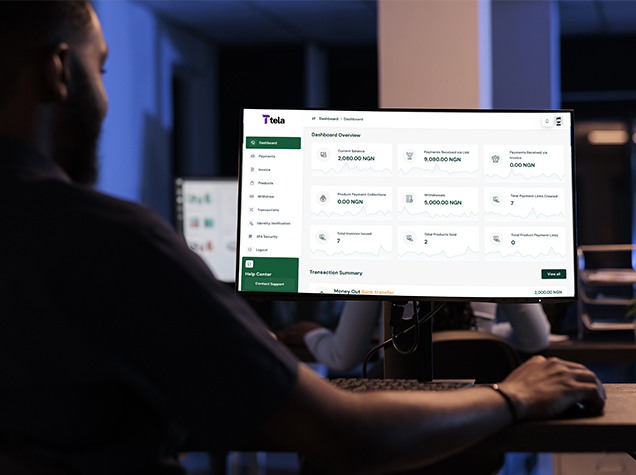 man sitting in front of tela payment dashboard